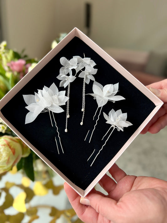 Seidenblumen Brautschmuck - Ohrringe &amp; 3 Haarnadeln