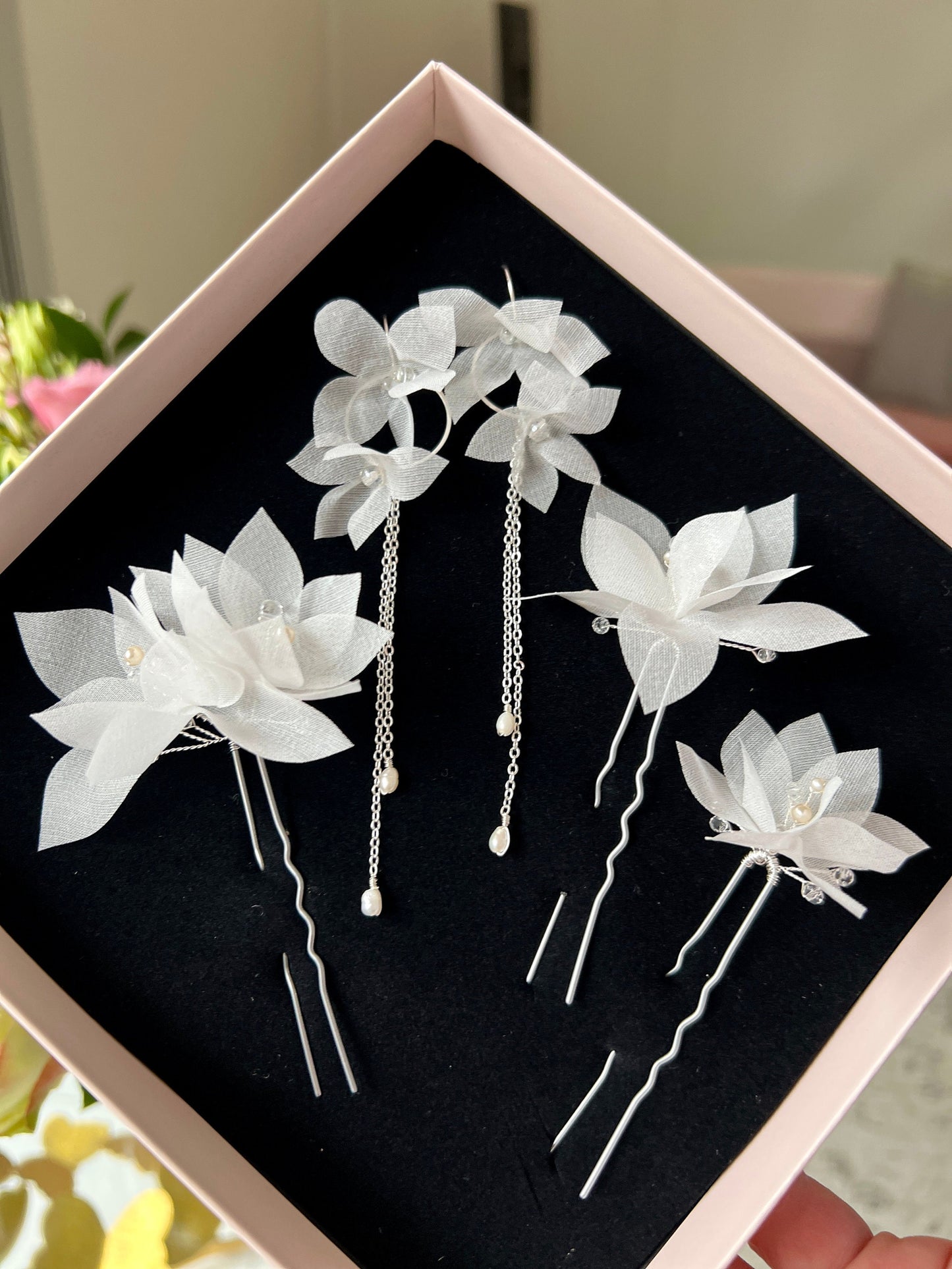 Seidenblumen Brautschmuck - Ohrringe &amp; 3 Haarnadeln