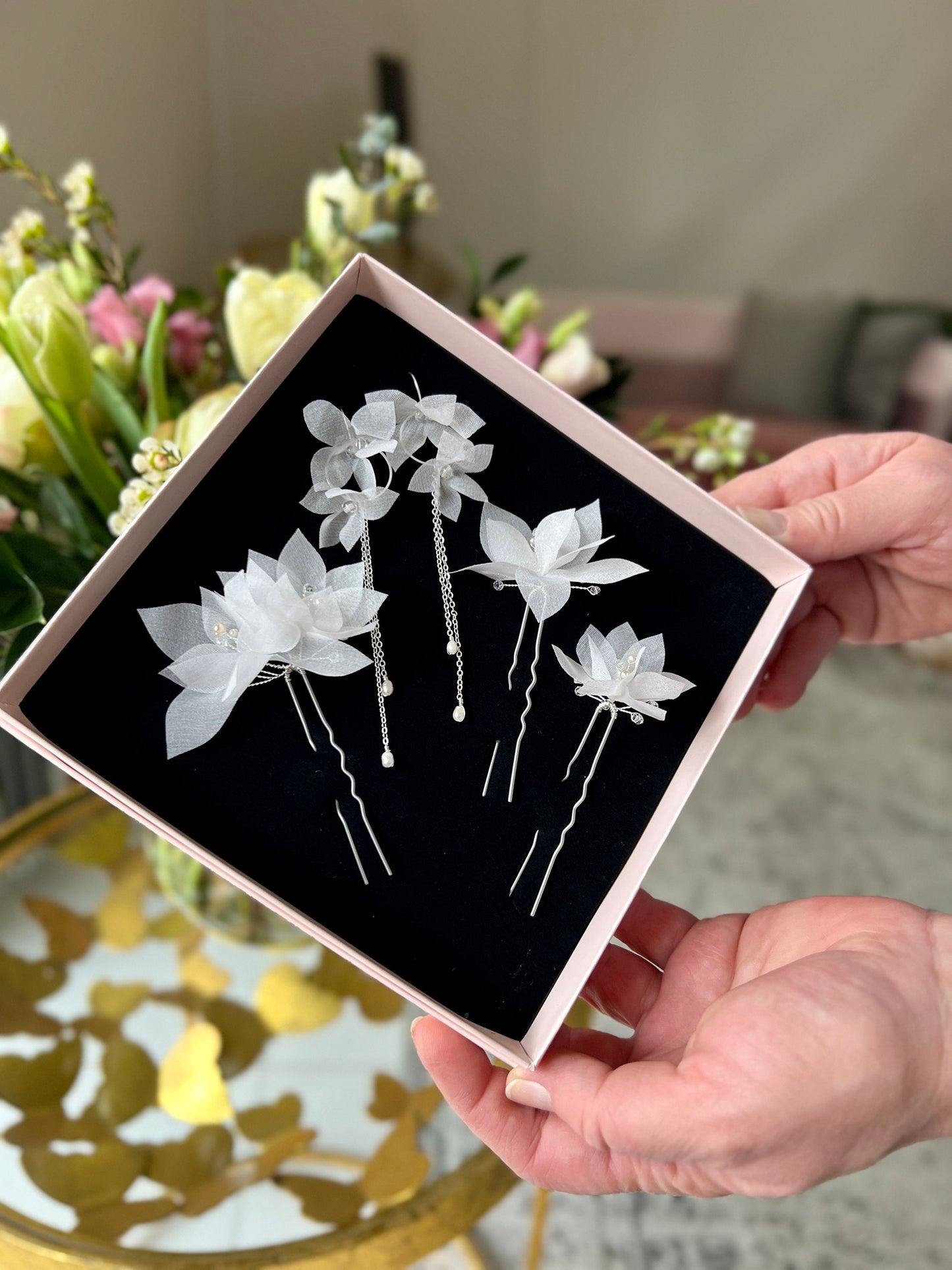 Seidenblumen Brautschmuck - Ohrringe &amp; 3 Haarnadeln